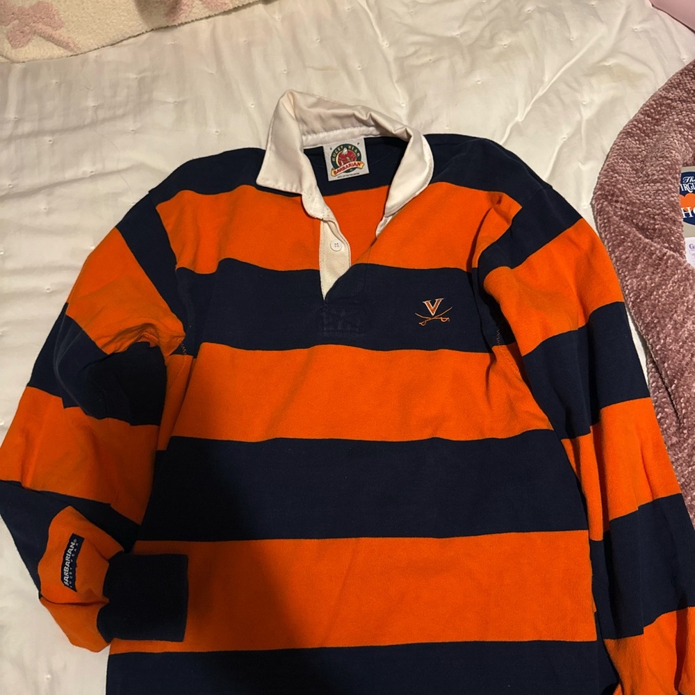UVA University of Virginia Orange and Navy Striped Rugby Shirt